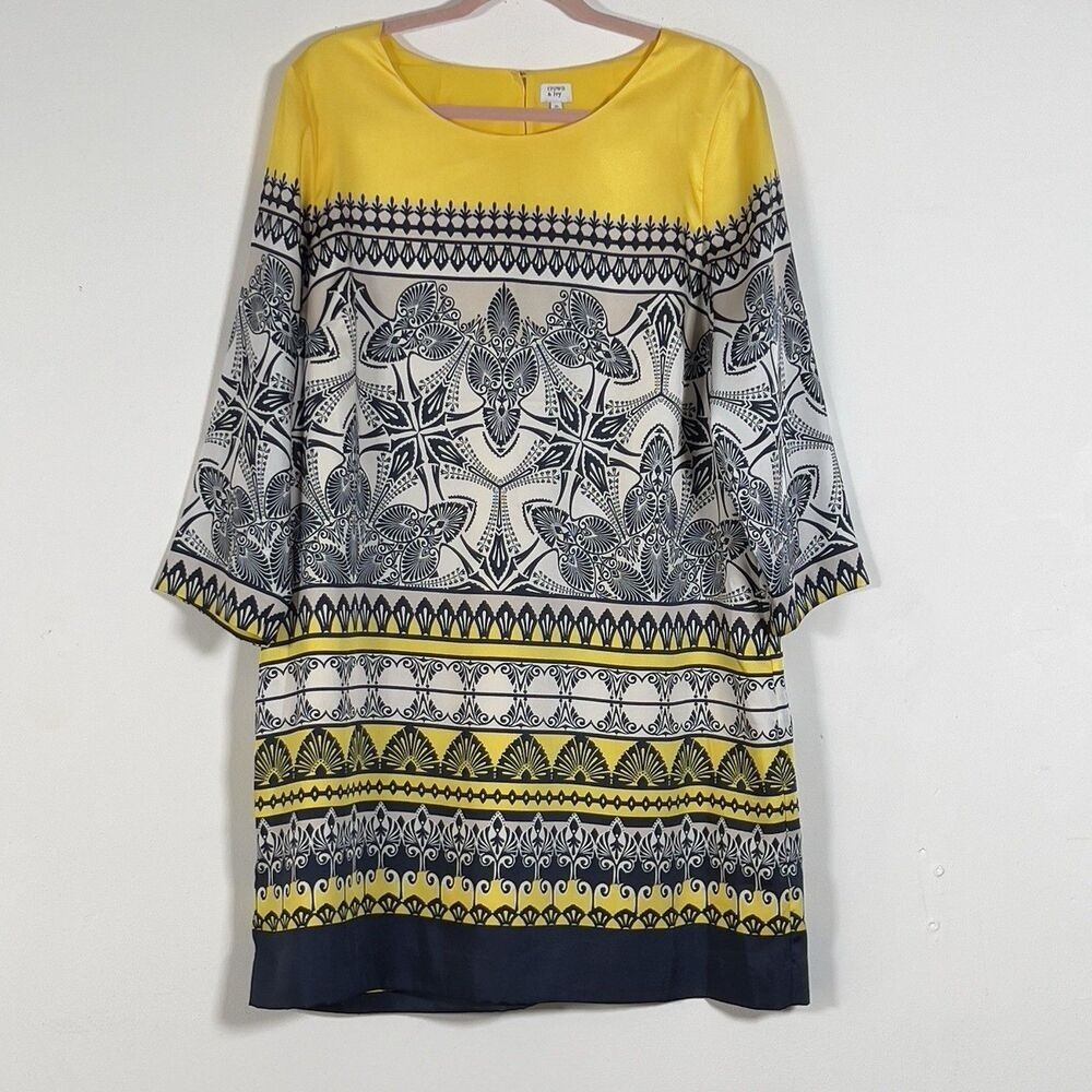 Crown & Ivy Shift Dress Womens Sz 16 Yellow Paisley Print 3/4 Sleeves
